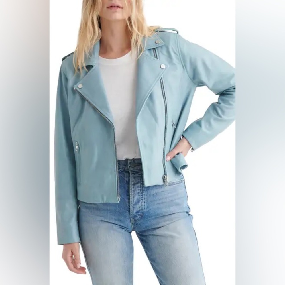 Lucky Brand Women's Baby Blue Leather Moto Jacket